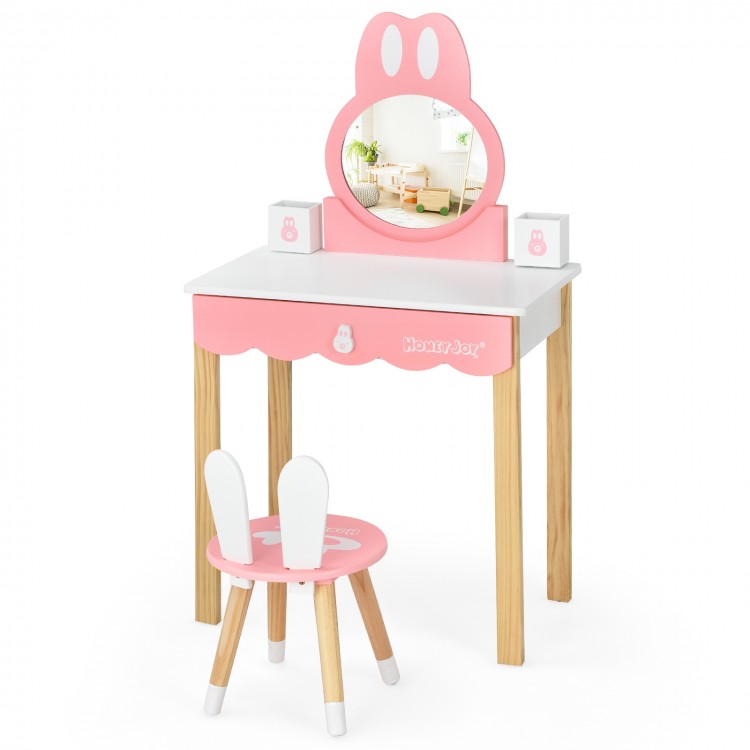 Kids vanity set with rabbit design, round mirror, and storage drawer, perfect for bedroom or playroom use.
