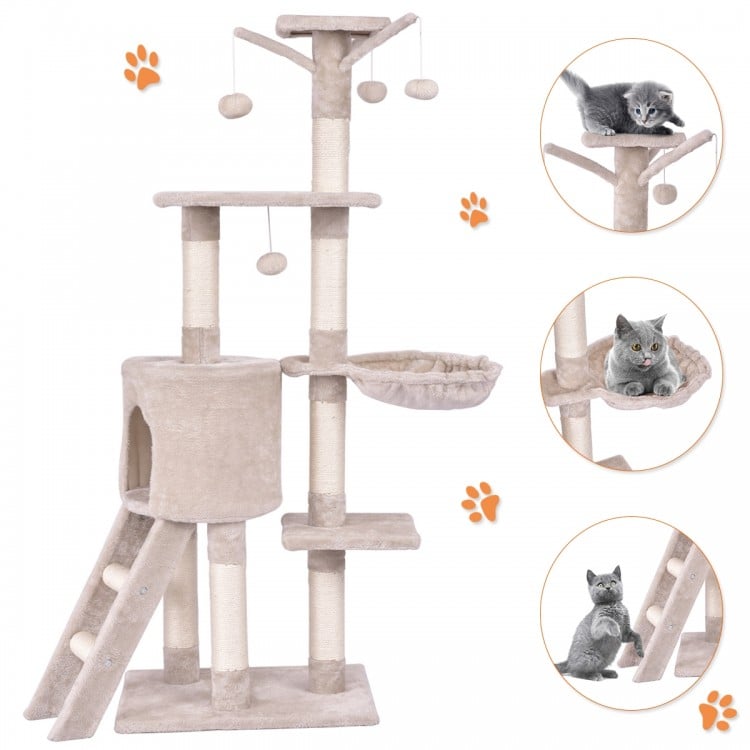 56-inch cat play tree with scratching posts, two platforms, and cozy hideaway for climbing, lounging, and playing.