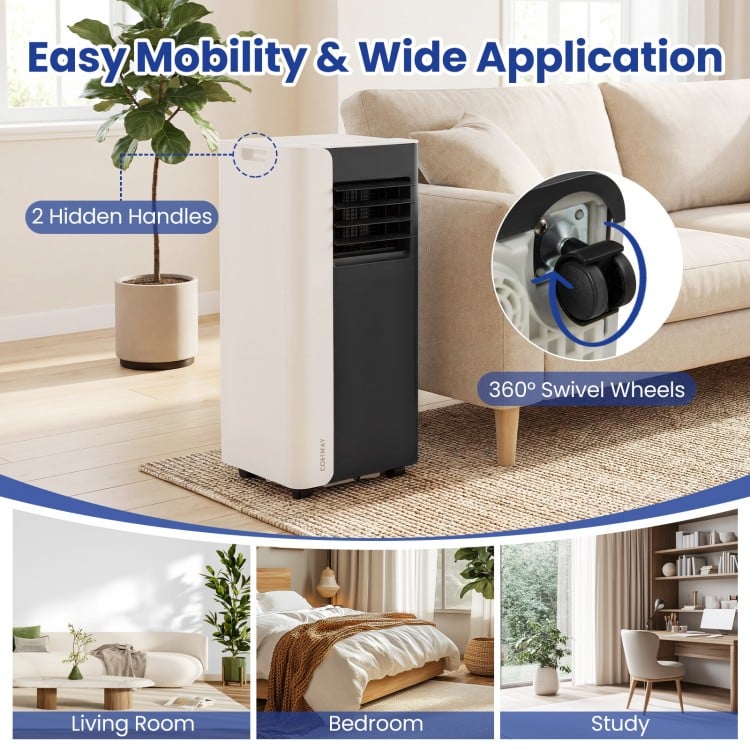 Portable 10000 BTU air conditioner with 360° swivel wheels, remote control, and versatile design for easy mobility.