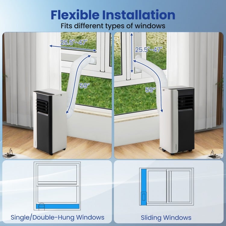 Portable air conditioner with flexible installation for single/double-hung and sliding windows, featuring 10,000 BTU.
