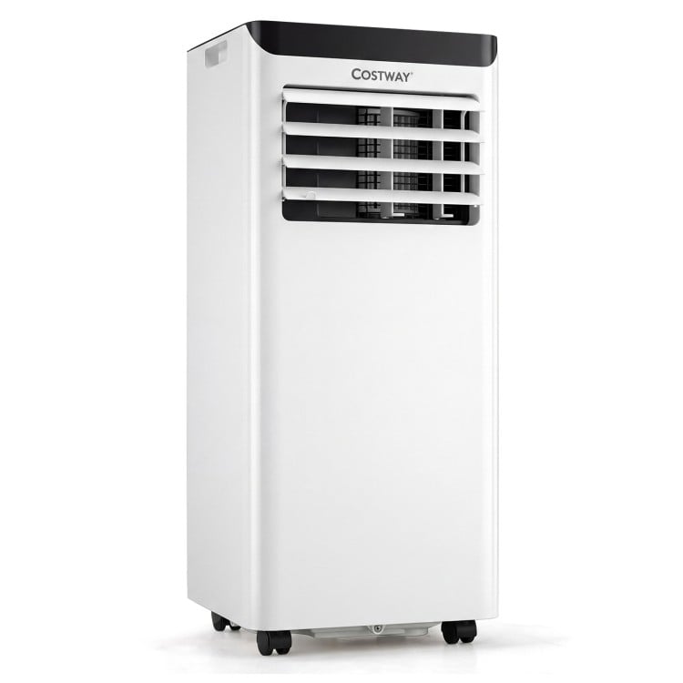 Portable 10000 BTU air conditioner with cooling, dehumidifier, and 24H timer, ideal for bedrooms and living rooms.