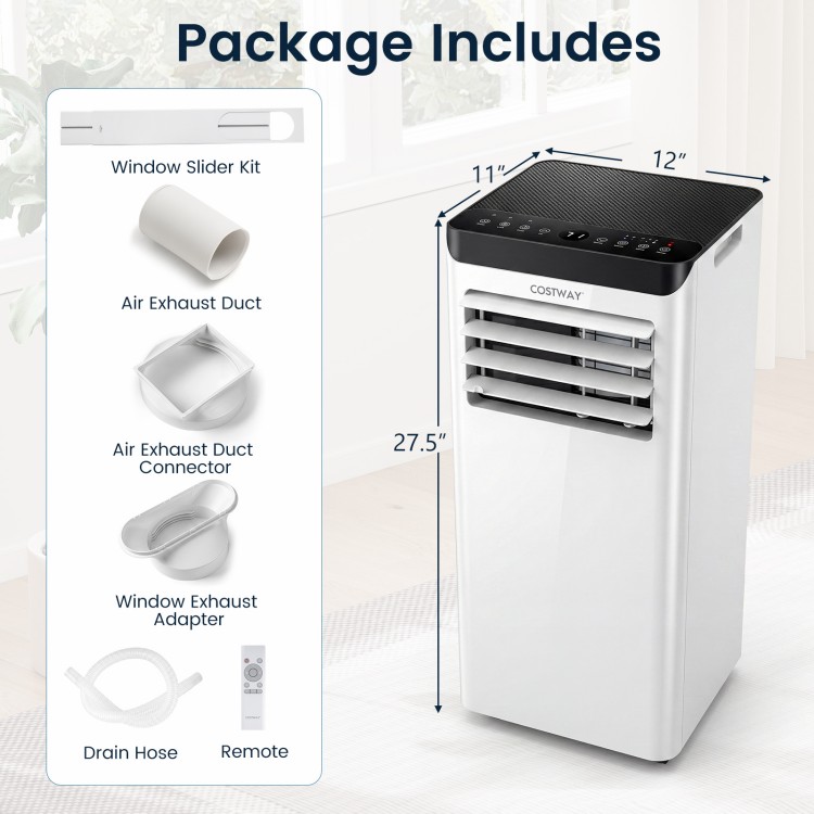 Portable 10000 BTU air conditioner with dehumidifier, remote control, and 24H timer for efficient cooling in any room.