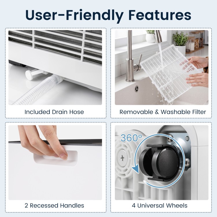 User-friendly features of the 10000 BTU portable air conditioner include a removable filter, drain hose, and universal wheels.