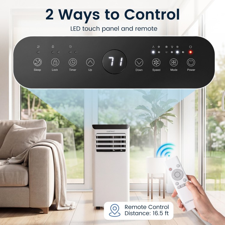 LED touch panel and remote control of the 10000 BTU portable air conditioner with cooling, dehumidifying, and timer features.