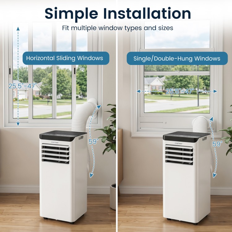 Portable air conditioner with a 10,000 BTU cooling capacity, featuring simple installation for various window types.