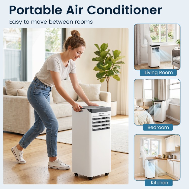 Portable air conditioner with 10,000 BTU cooling capacity, remote control, and 24H timer for versatile room use.