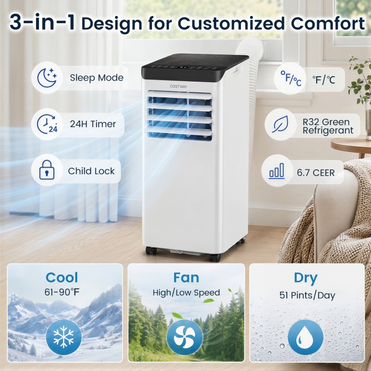 Portable air conditioner with 10,000 BTU cooling, 3 modes, 24H timer, and child lock for versatile home comfort.