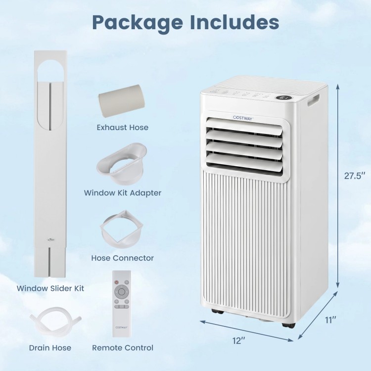 10000 BTU portable AC unit in white with remote control, window kit, and adjustable airflow for cooling 450 sq. ft.