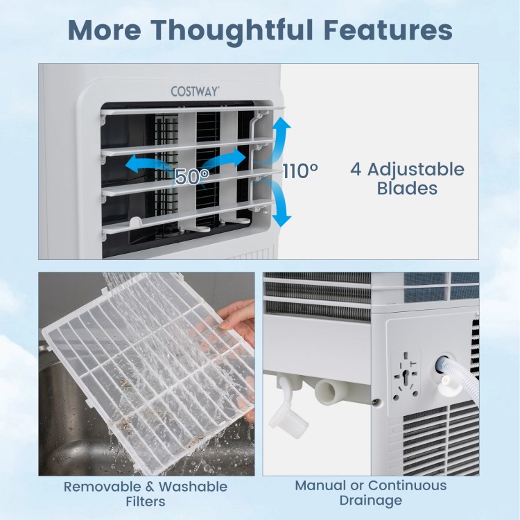 10000 BTU portable AC features 4 adjustable blades, removable filters, and options for manual or continuous drainage.