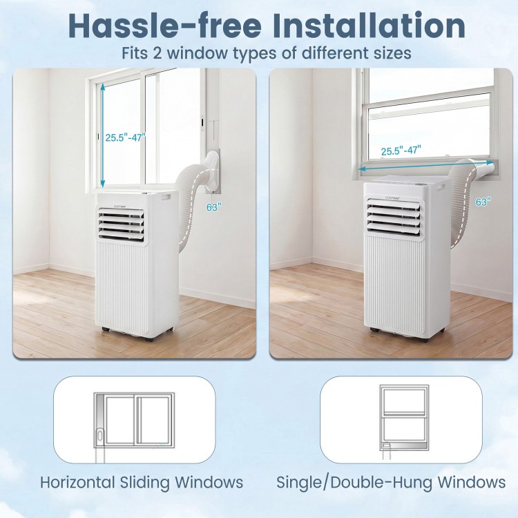Portable 10000 BTU AC unit with window kit fits sliding and single/double-hung windows for easy installation.