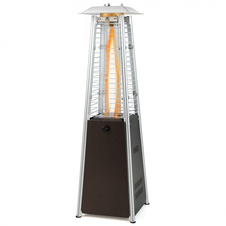 Compact 10000 BTU portable steel tabletop patio heater with glass tube, providing 360° heat for outdoor gatherings.
