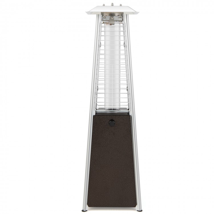 Compact 10000 BTU portable steel tabletop patio heater with glass tube, featuring adjustable flame and non-slip foot.