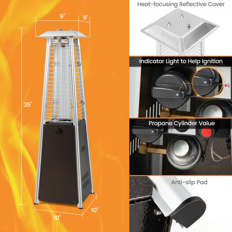 Portable steel tabletop patio heater with glass tube, 10000 BTU, 360° heating, adjustable flame, for outdoor use.