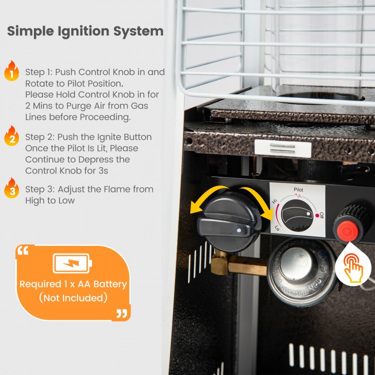 Close-up of the ignition system on a 10000 BTU portable steel tabletop patio heater for easy flame adjustment.