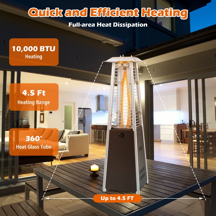 Compact 10000 BTU portable steel tabletop patio heater with glass tube, 360° heating for outdoor use.