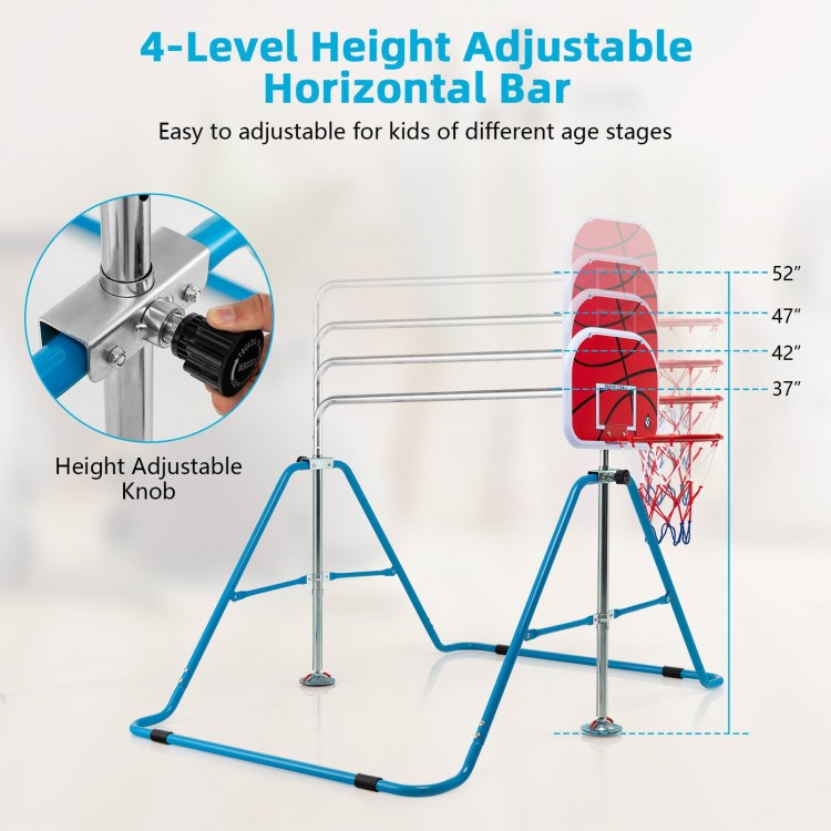 Kids folding horizontal bar in blue with 4 adjustable heights, ideal for indoor gymnastics and promoting growth.