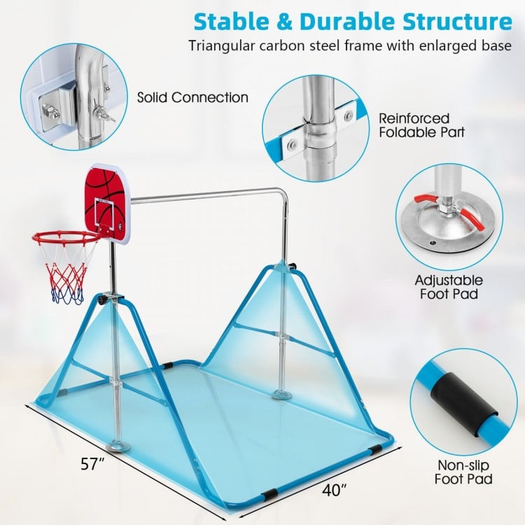 Kids folding horizontal bar with basketball hoop, blue, featuring a stable triangular carbon steel frame and adjustable.