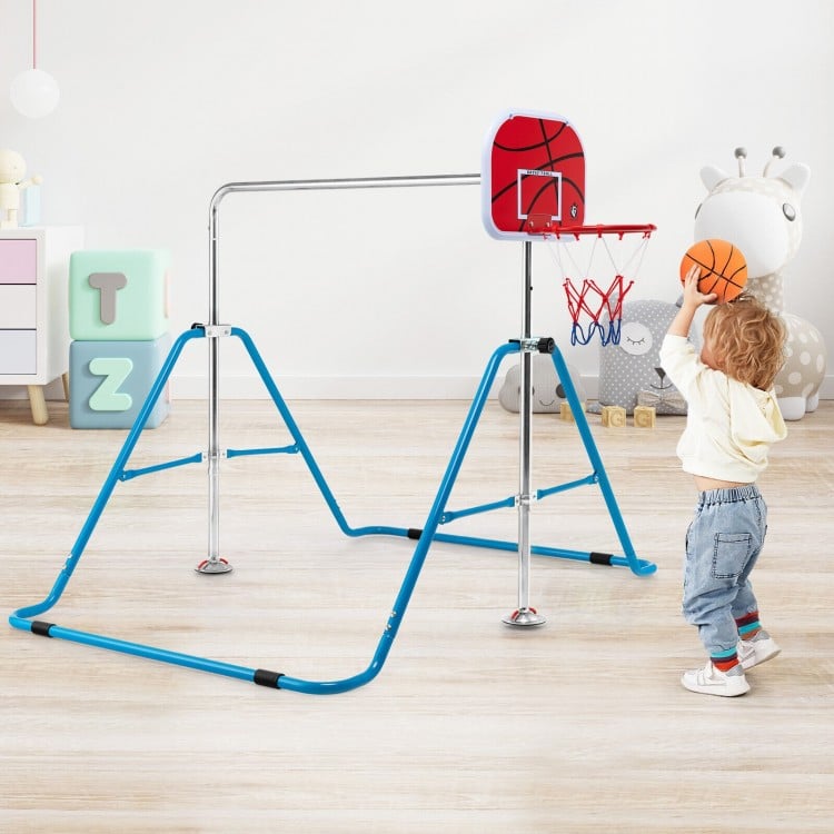 Kids folding horizontal bar with adjustable height and basketball hoop, promoting fun and motor skill development.