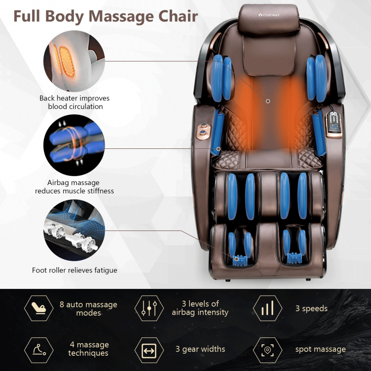 3D Double SL-Track Electric Full Body Zero Gravity Massage Chair with Heat Roller-BrownCostway Gallery View 9 of 10