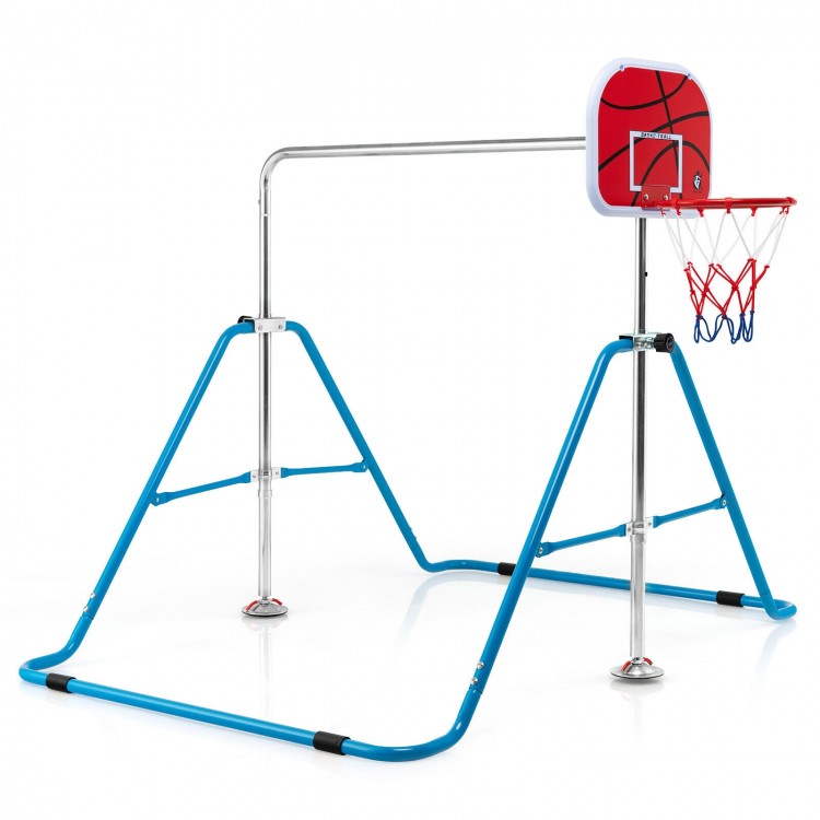 Kids folding horizontal bar with basketball hoop, adjustable height, stable carbon steel frame, ideal for indoor.