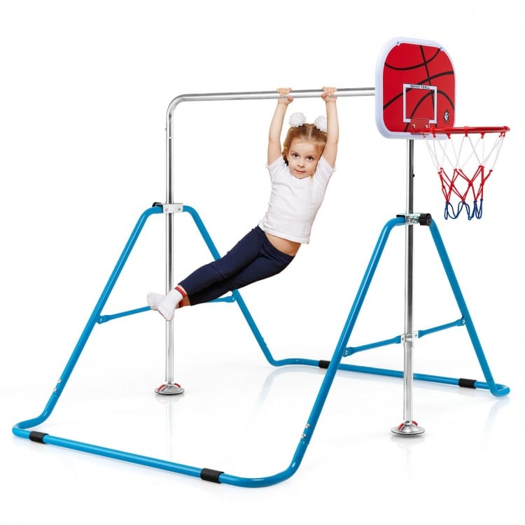 Kids folding horizontal bar with basketball hoop in blue, adjustable height for ages 3-12, promotes motor skills and.