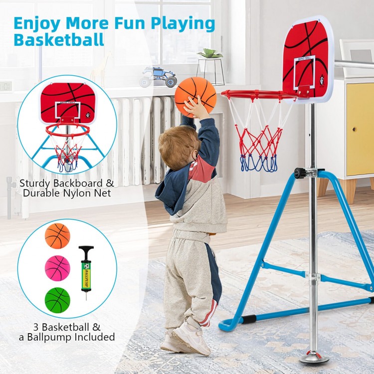 Kids' folding horizontal bar with basketball hoop, adjustable height, and sturdy carbon steel frame for safe play.