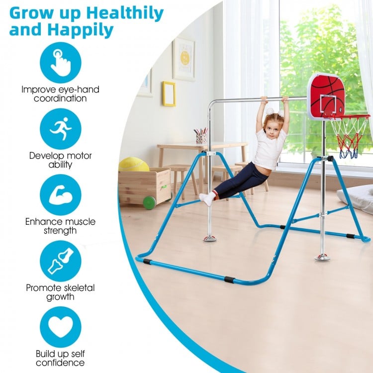 Kids folding horizontal bar in blue with basketball hoop, featuring non-slip foot pads for enhanced safety during play.