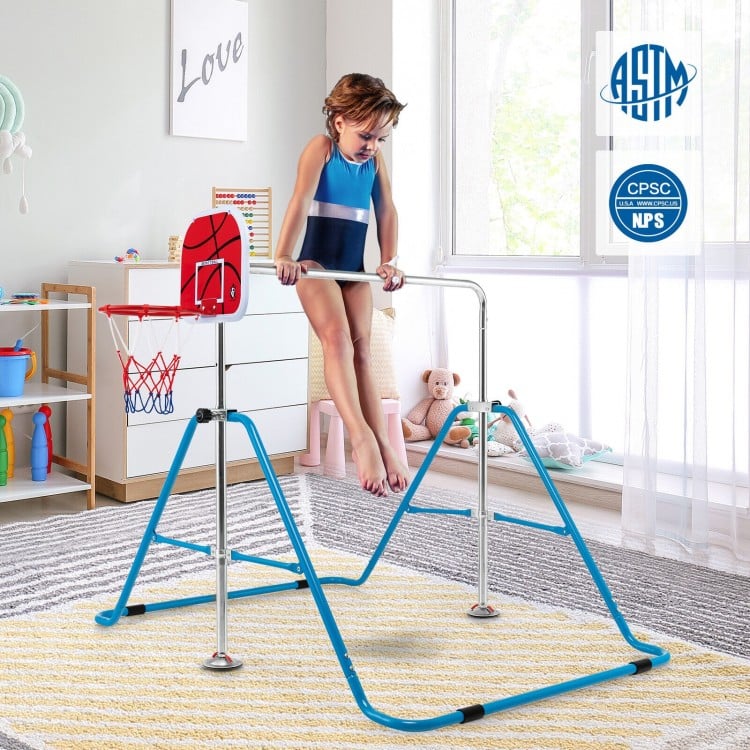Kids folding horizontal bar with basketball hoop, adjustable heights, stable carbon steel frame for indoor exercise fun.