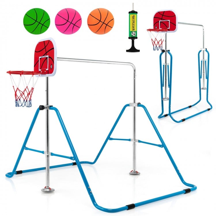 Kids folding horizontal bar with basketball hoop in blue, featuring adjustable heights and stable carbon steel frame.
