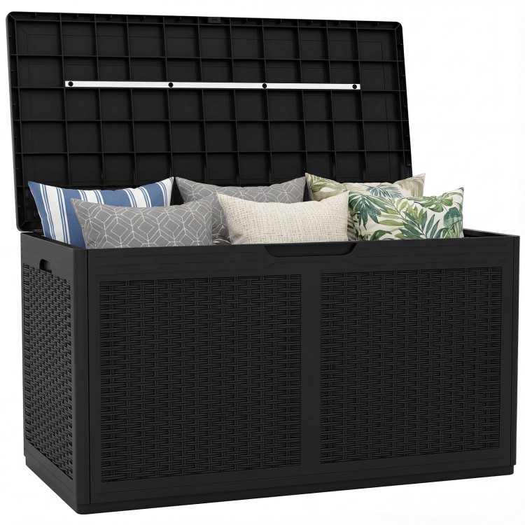 Black 100-gallon resin deck box with rattan texture, filled with cushions, ideal for outdoor waterproof storage.