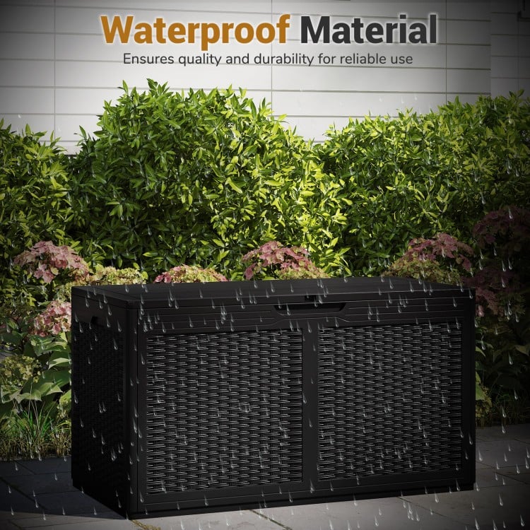 100-gallon black resin deck box with waterproof surface, rattan-woven texture, ideal for outdoor storage and seating.