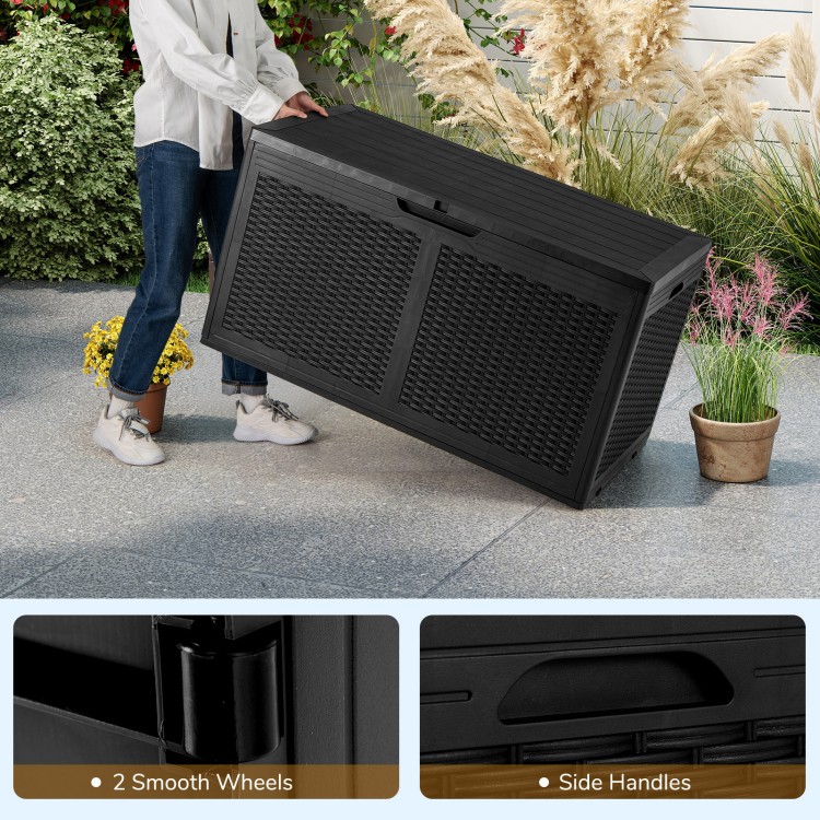 Black 100-gallon resin deck box with rattan texture, featuring wheels and side handles for easy outdoor storage.