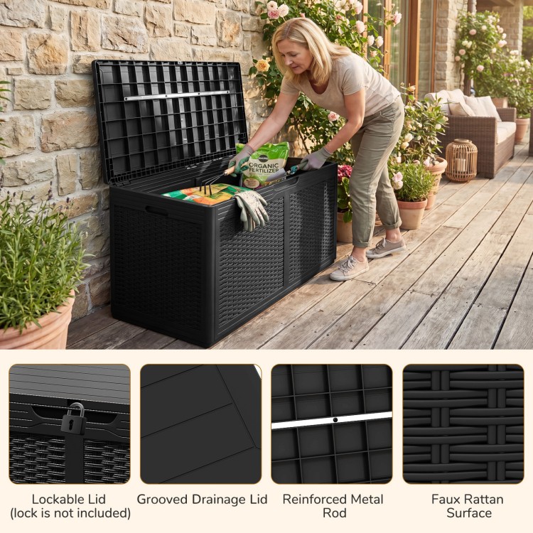 Black 100-gallon resin deck box with faux rattan texture, ideal for outdoor waterproof storage and extra seating.