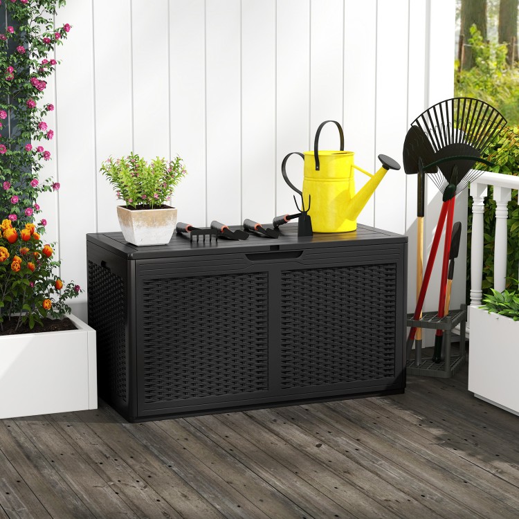 Black 100-gallon resin deck box with rattan texture, waterproof design, doubles as a bench for outdoor storage.