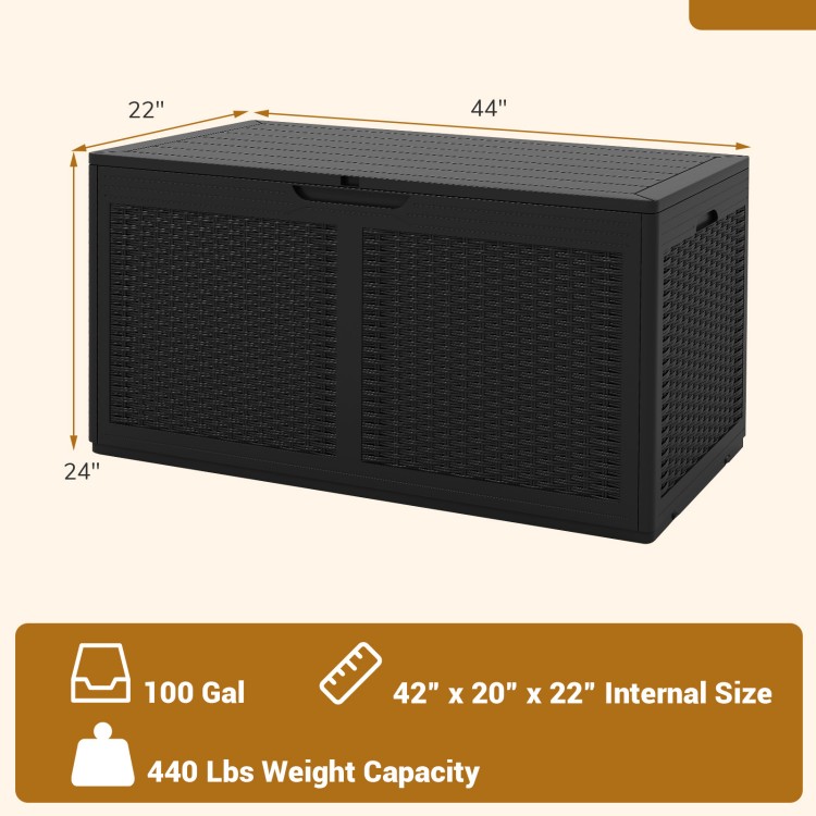 100-gallon black resin deck box with rattan texture, waterproof design, and dual function as a storage bench.