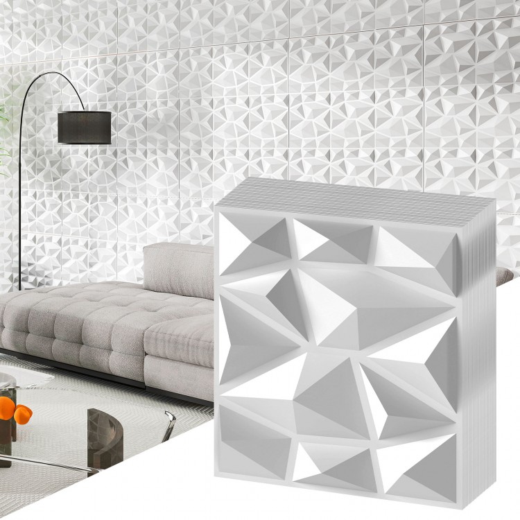 3D wall panel in white PVC with diamond accent, ideal for DIY interior decoration in living rooms or offices.