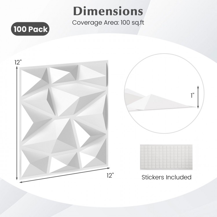 3D wall panels in white, 12" x 12", made of PVC, ideal for DIY interior decoration, covering 100 sq.ft.