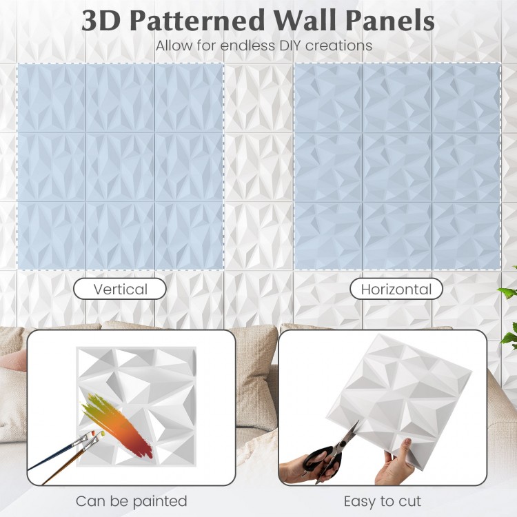 3D patterned white PVC wall panels, 12" x 12", easy to cut and paint, ideal for DIY interior decoration.
