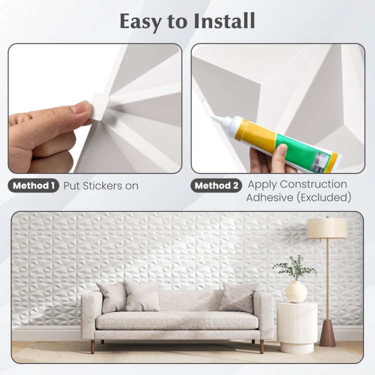 3D wall panels in white, showcasing installation methods for PVC interior decoration in living spaces.