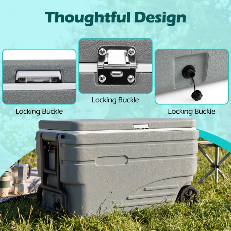 Portable wheeled ice cooler features a durable HDPE shell, foldable handles, and locking buckles for secure transport.