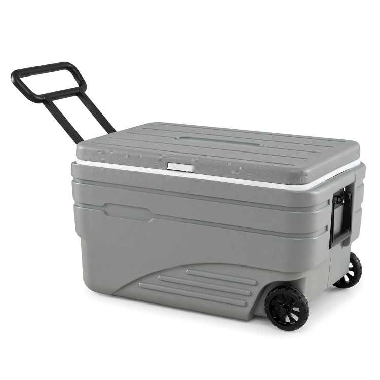 Gray 103 Quart outdoor portable wheeled ice cooler features a foldable pull handle and durable wheels for easy transport.
