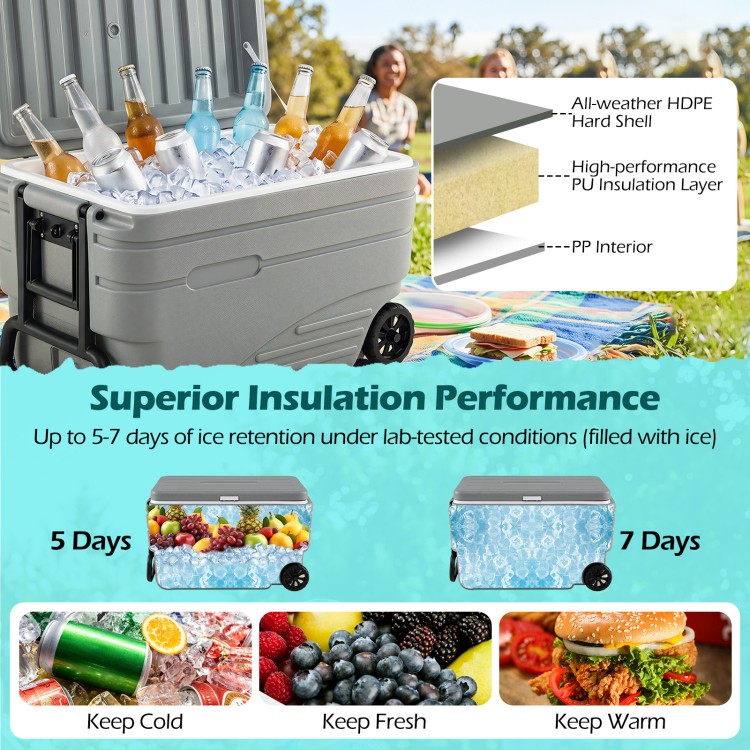 Gray 103 Quart outdoor portable wheeled ice cooler features a hard shell and high-performance insulation for 5-7 days of ice retention.