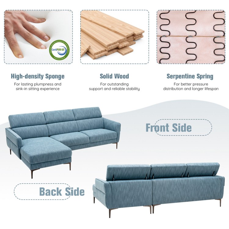 L-shaped blue sofa couch with adjustable headrests, thick cushions, and sturdy metal legs for living room comfort.