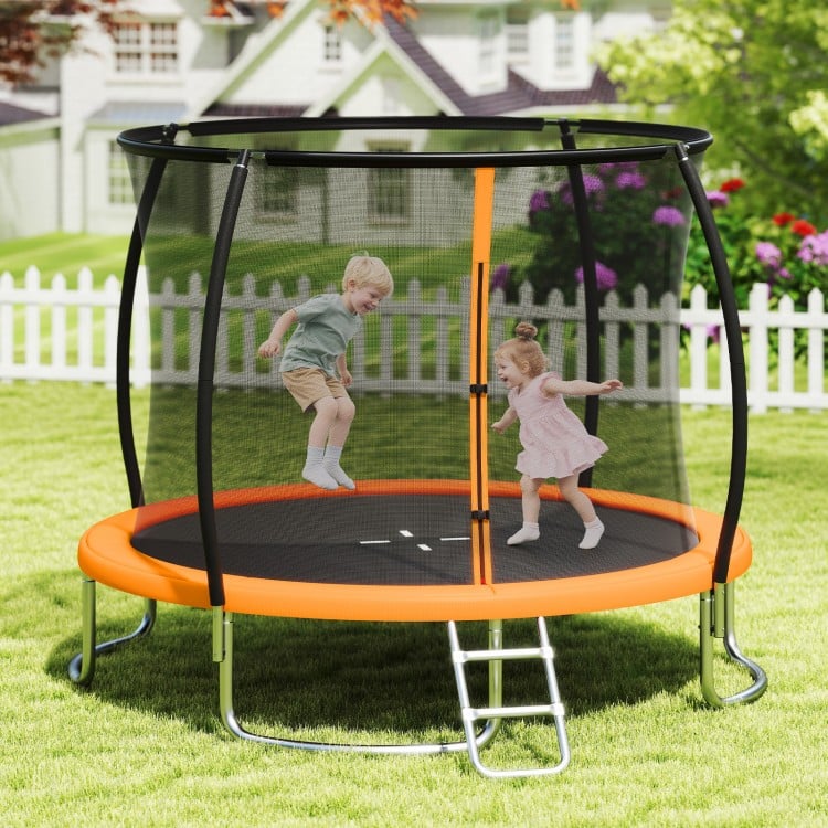 Children jumping on a 10FT outdoor trampoline with safety enclosure net and orange padding, perfect for recreational.