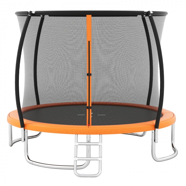 10FT outdoor trampoline in orange with safety enclosure net, curved poles, and sturdy ladder for safe recreational fun.