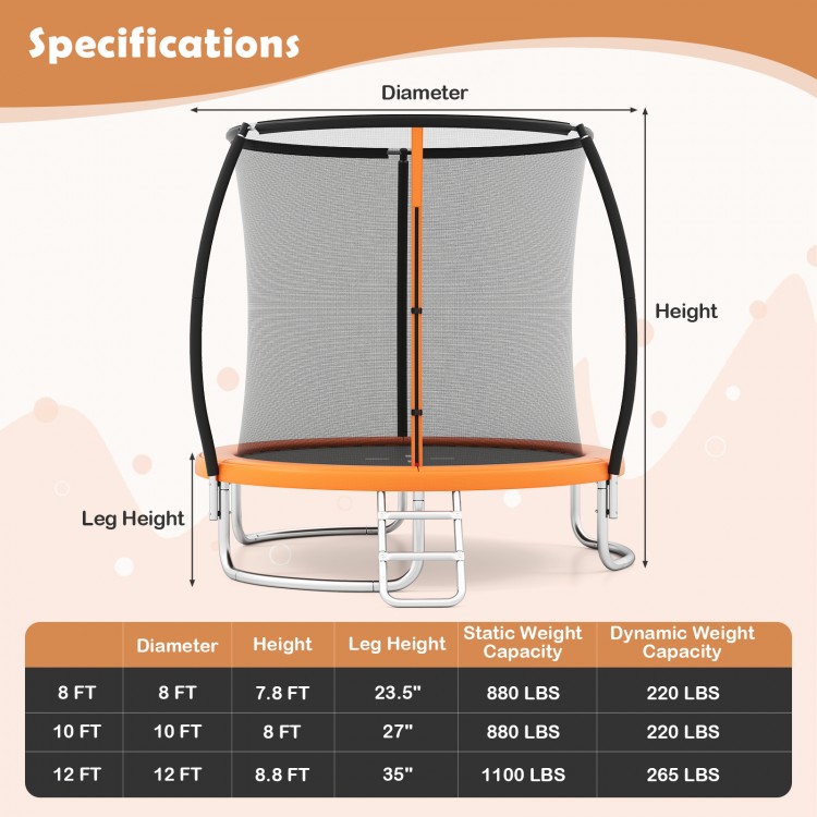 10FT outdoor trampoline with safety enclosure net, featuring curved leg tubes and anti-collision foam sleeves for.