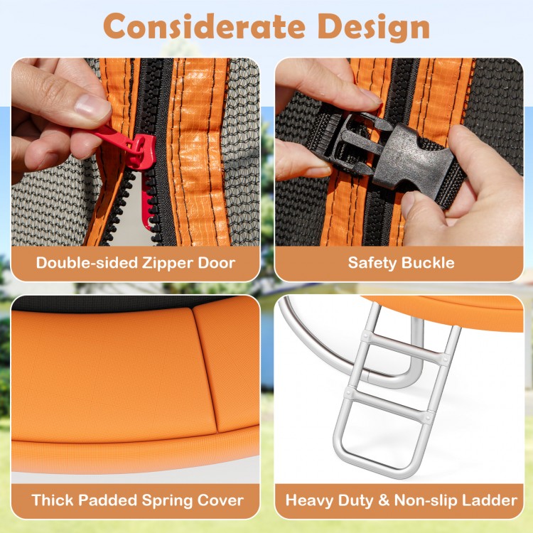 Detail of the 10FT outdoor trampoline showing the safety buckle, double-sided zipper door, and heavy-duty ladder.