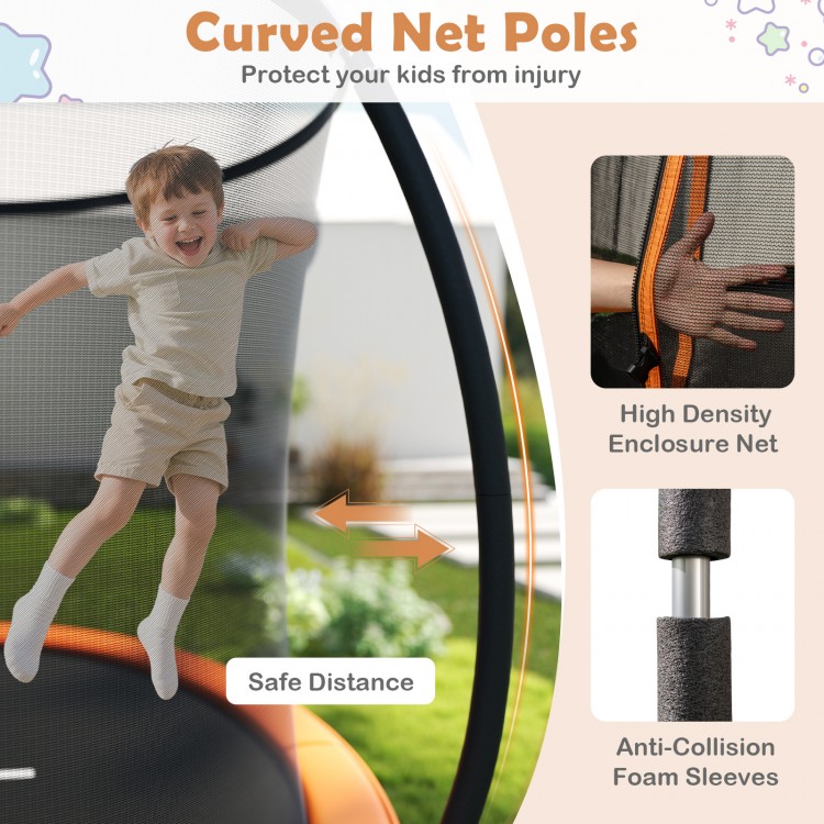 Curved net poles of the 10FT outdoor trampoline with safety enclosure net, featuring anti-collision foam sleeves for.