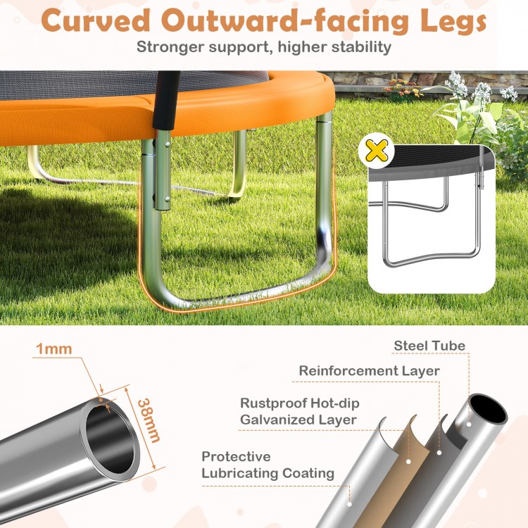 Curved outward-facing legs of the 10FT outdoor trampoline provide stability and support for safe recreational bouncing.