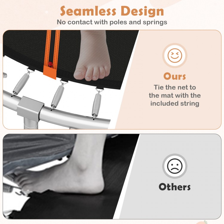 Seamless design of the 10FT outdoor trampoline showing foot placement without contact with poles for safety.